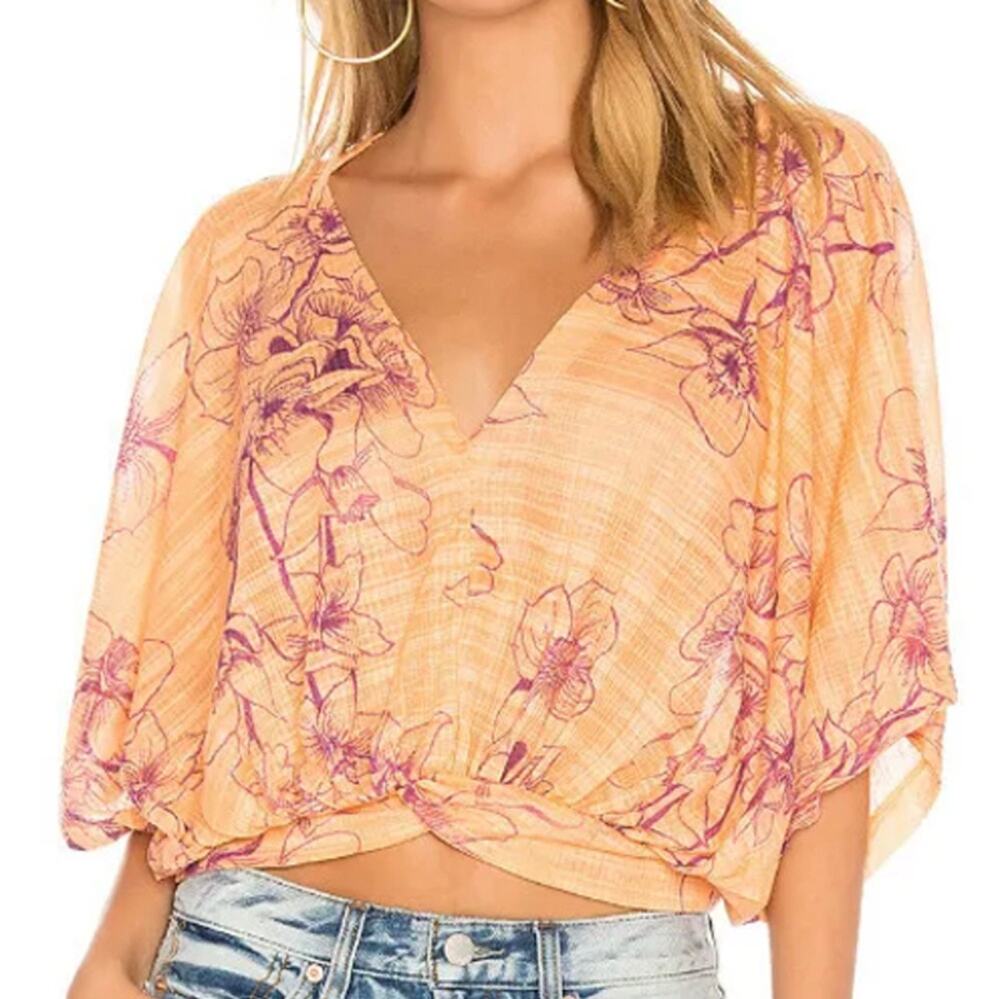 Free People Peach Floral Surplice Dolman Blouse Size S Boho Oversized